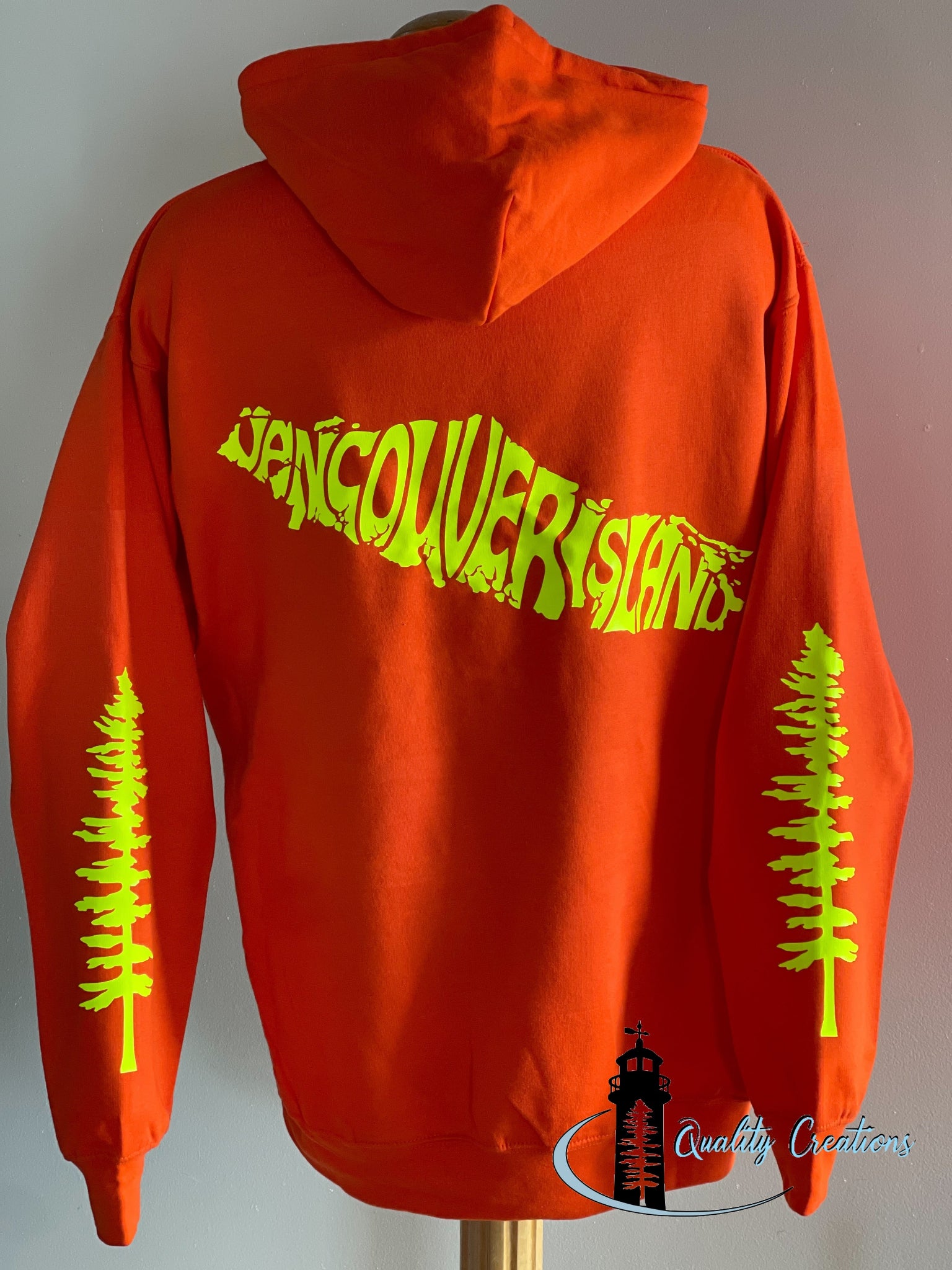 Vancouver island design with Sitka tree on arms, orange hoodie, neon yellow design font, Campbell river, Courtney, Canada, qualitycreations247, Ontario, newbrunswick, nb, Salisbury, Moncton range 