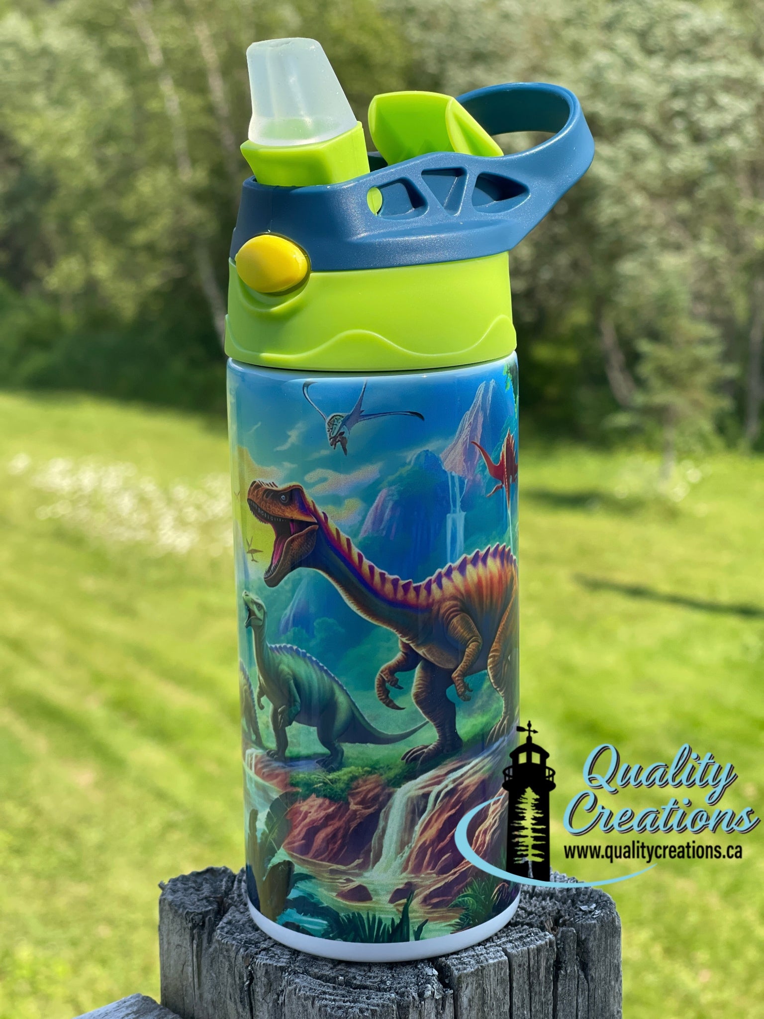 Personalized kids’ insulated stainless steel tumbler with straw and handle featuring a colourful dinosaur design. Custom kids’ water bottle by Quality Creations, Canada.