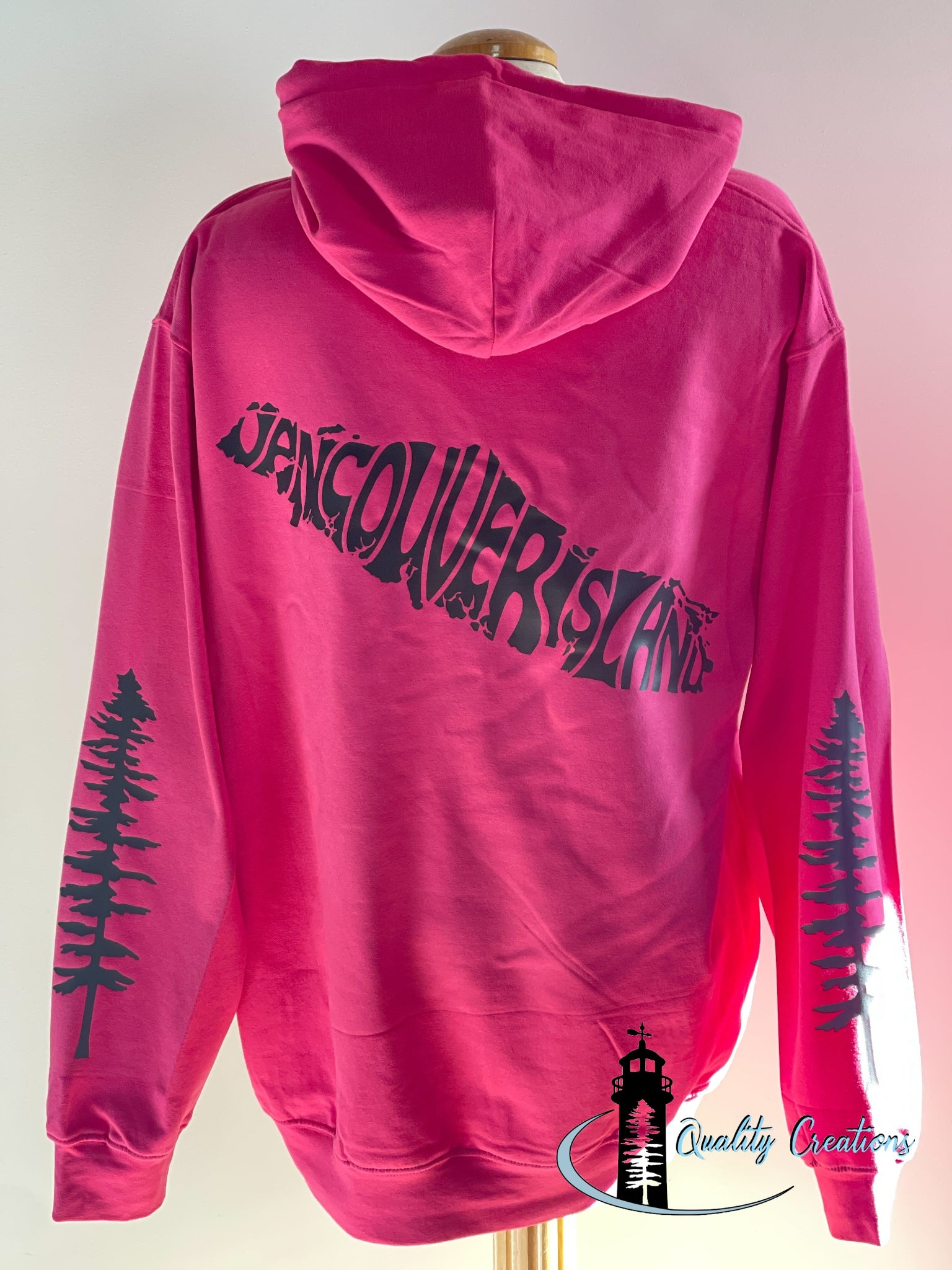 Vancouver island design with Sitka tree on arms, pink hoodie, black design font, Campbell river, Courtney, Canada, qualitycreations247, Ontario, newbrunswick, nb, Salisbury, Moncton range 