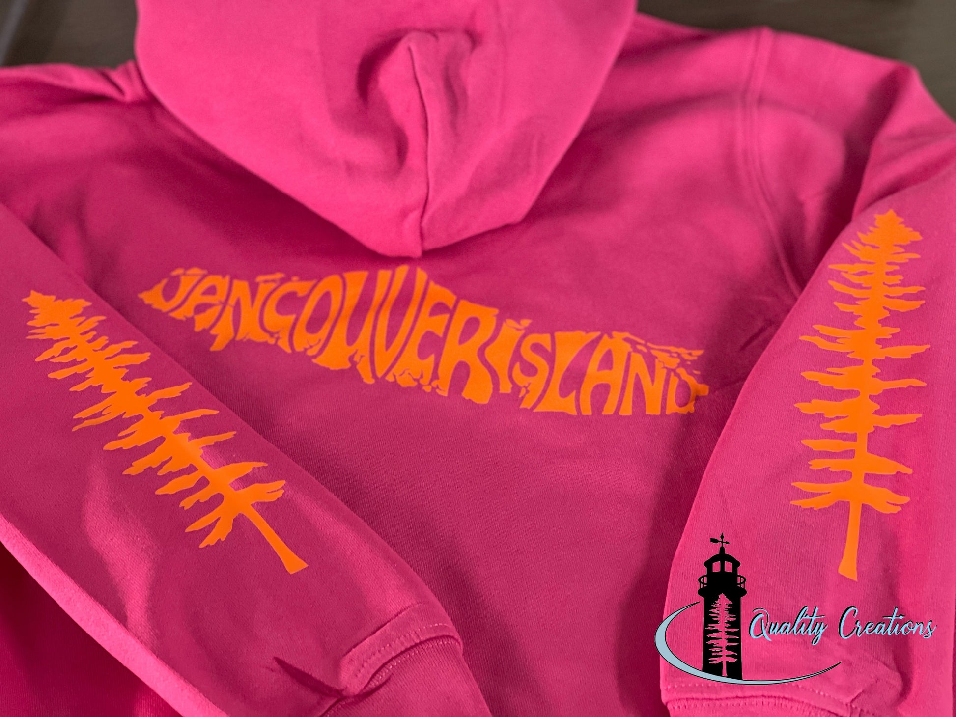 Vancouver island design with Sitka tree on arms, pink hoodie, design font, Campbell river, Courtney, Canada, qualitycreations247, Ontario, newbrunswick, nb, Salisbury, Moncton range 