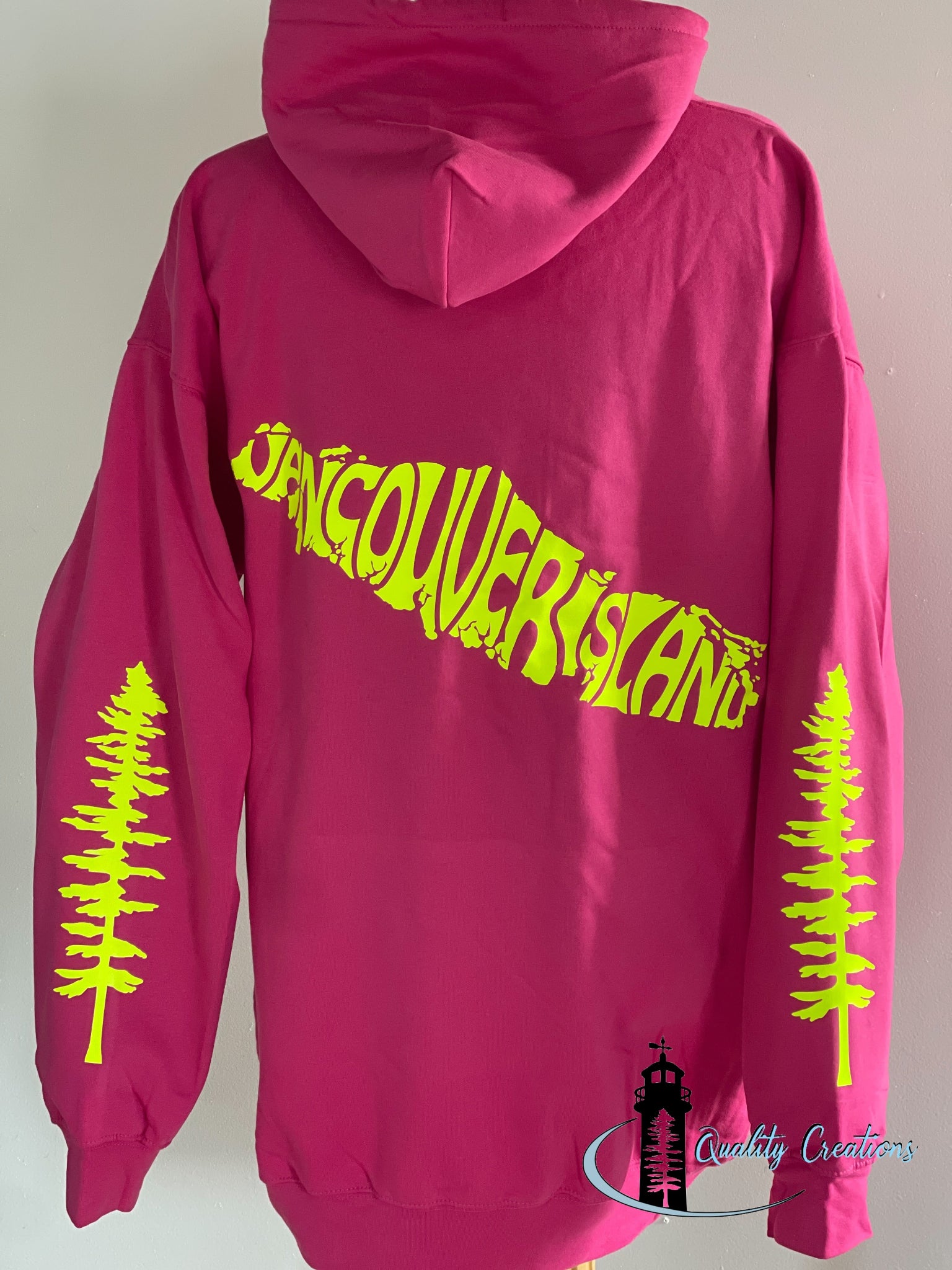 Vancouver island design with Sitka tree on arms, pink hoodie, neon yellow design font, Campbell river, Courtney, Canada, qualitycreations247, Ontario, newbrunswick, nb, Salisbury, Moncton range 