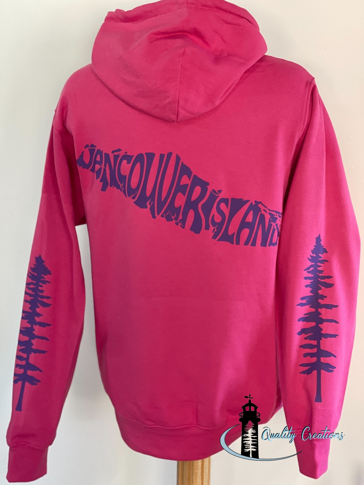 Vancouver island design with Sitka tree on arms, pink hoodie, purple design font, Campbell river, Courtney, Canada, qualitycreations247, Ontario, newbrunswick, nb, Salisbury, Moncton 