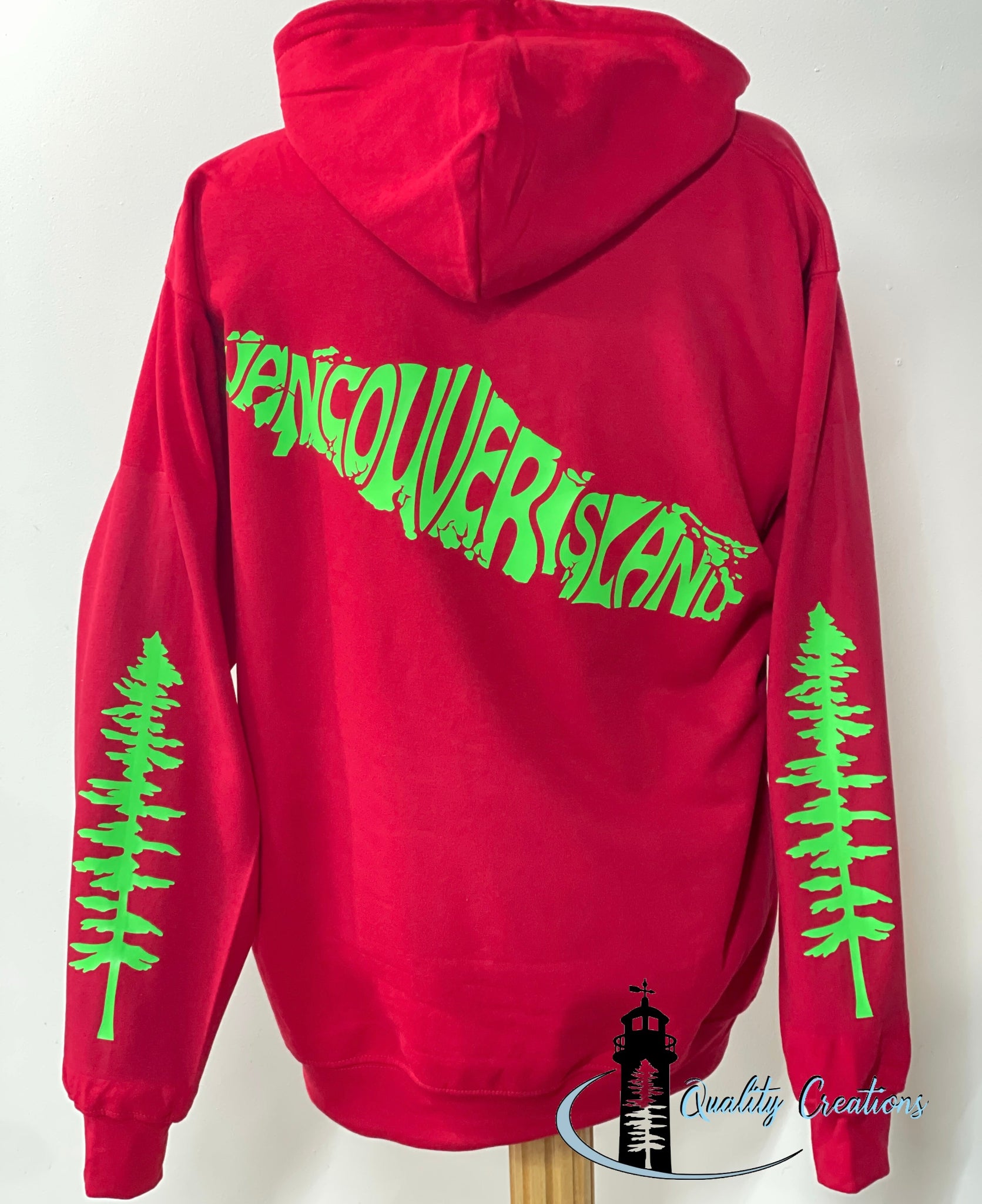 Vancouver island design with Sitka tree on arms, red hoodie, neon green design font, Campbell river, Courtney, Canada, qualitycreations247, Ontario, newbrunswick, nb, Salisbury, Moncton range 