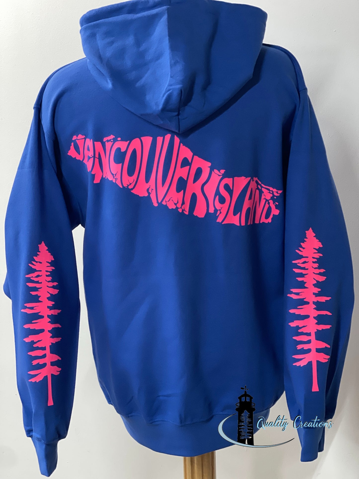 Vancouver island design with Sitka tree on arms, royal blue hoodie, hot pink design font, Campbell river, Courtney, Canada, qualitycreations247, Ontario, newbrunswick, nb, Salisbury, Moncton 
