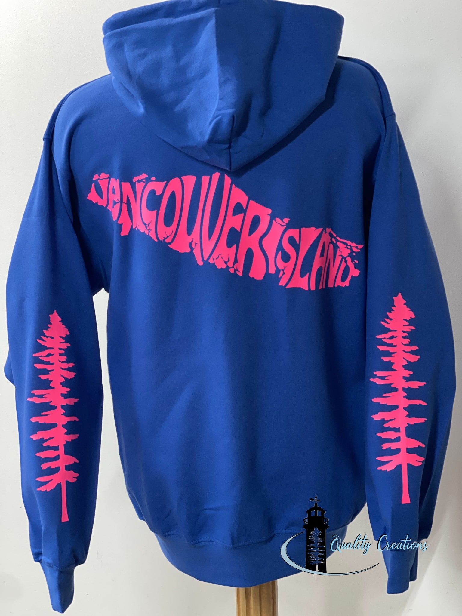 Vancouver island design with Sitka tree on arms, royal blue hoodie, hot pink design font, Campbell river, Courtney, Canada, qualitycreations247, Ontario, newbrunswick, nb, Salisbury, Moncton 
