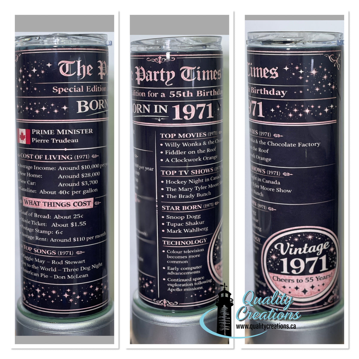 Three views of a 70th birthday custom tumbler featuring a dark navy blue and black design with retro 1971-themed text, stars, and graphics, displayed on a reflective surface.