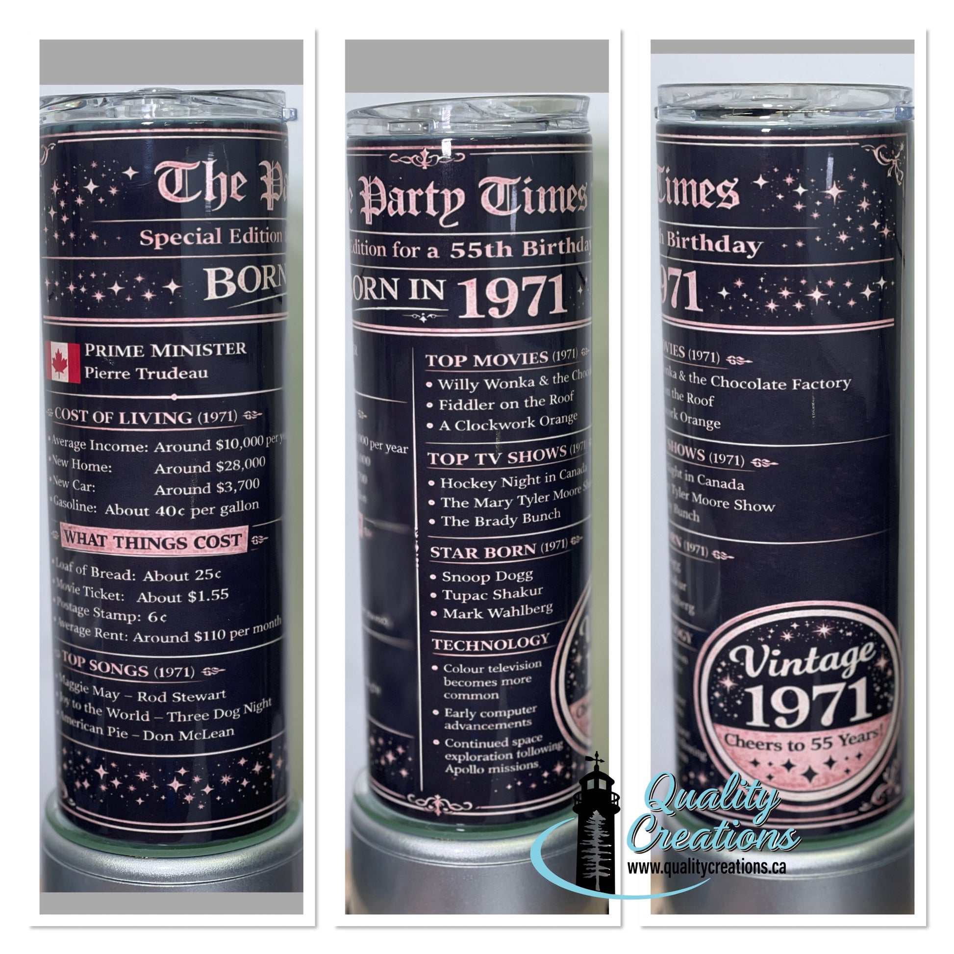 Three views of a 70th birthday custom tumbler featuring a dark navy blue and black design with retro 1971-themed text, stars, and graphics, displayed on a reflective surface.