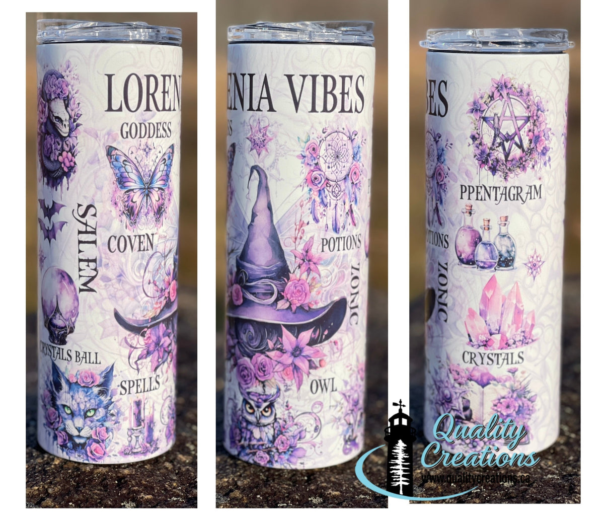 Three views of a tall insulated tumbler with a clear screw in lid, wrapped in a white wrap featuring purple and pink occult-themed graphics including a witch hat, owl, crystals, pentagram, cat, butterfly, and text such as 'LOVING GODDESS,' 'COVEN,' 'POTIONS,' and 'PENTACRAM.' A 'Quality Creations' logo appears in the lower right.