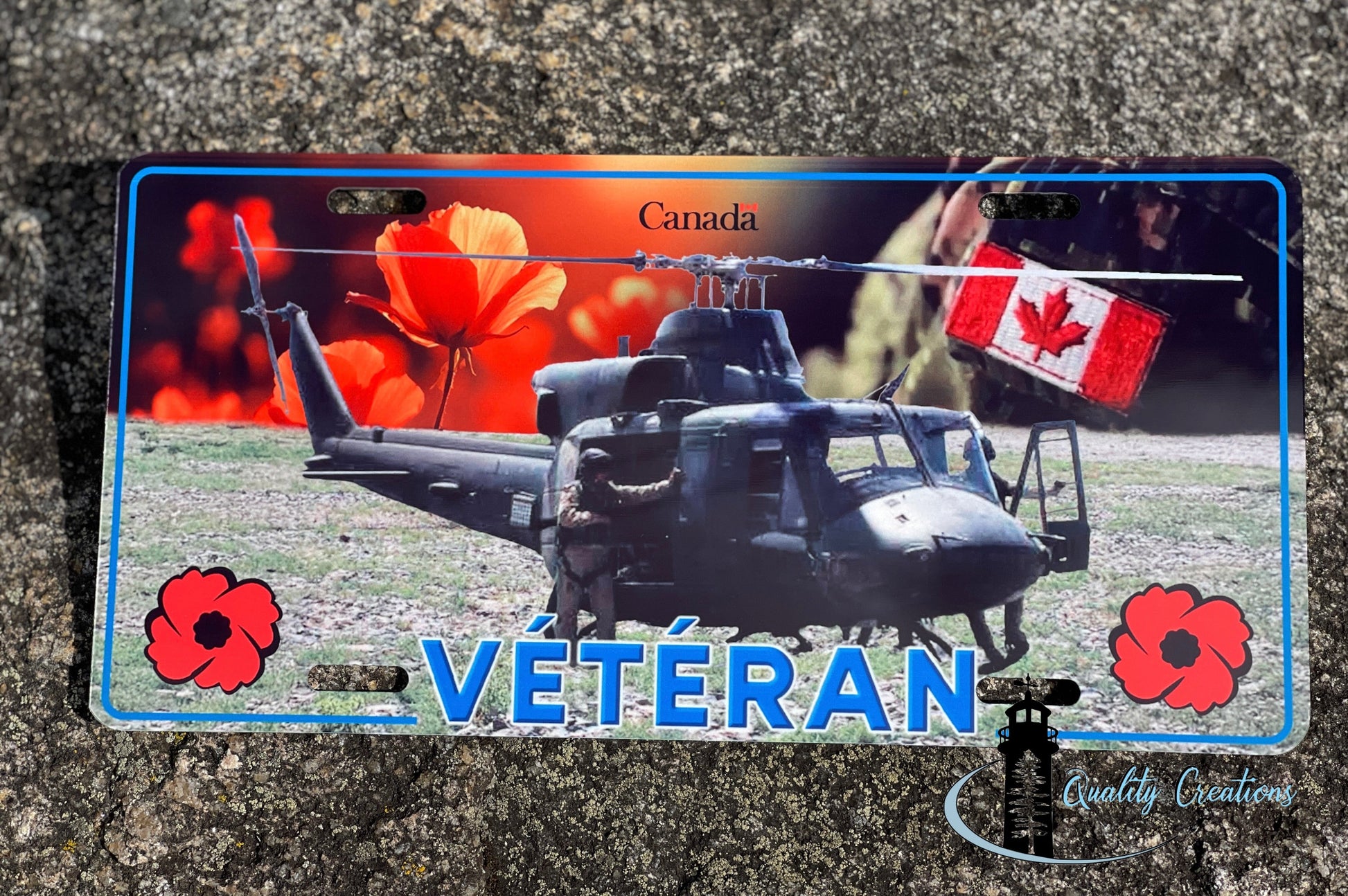 Canadian veteran military custom license plate with helicopter, Canadian flag and red poppies by Quality Creations