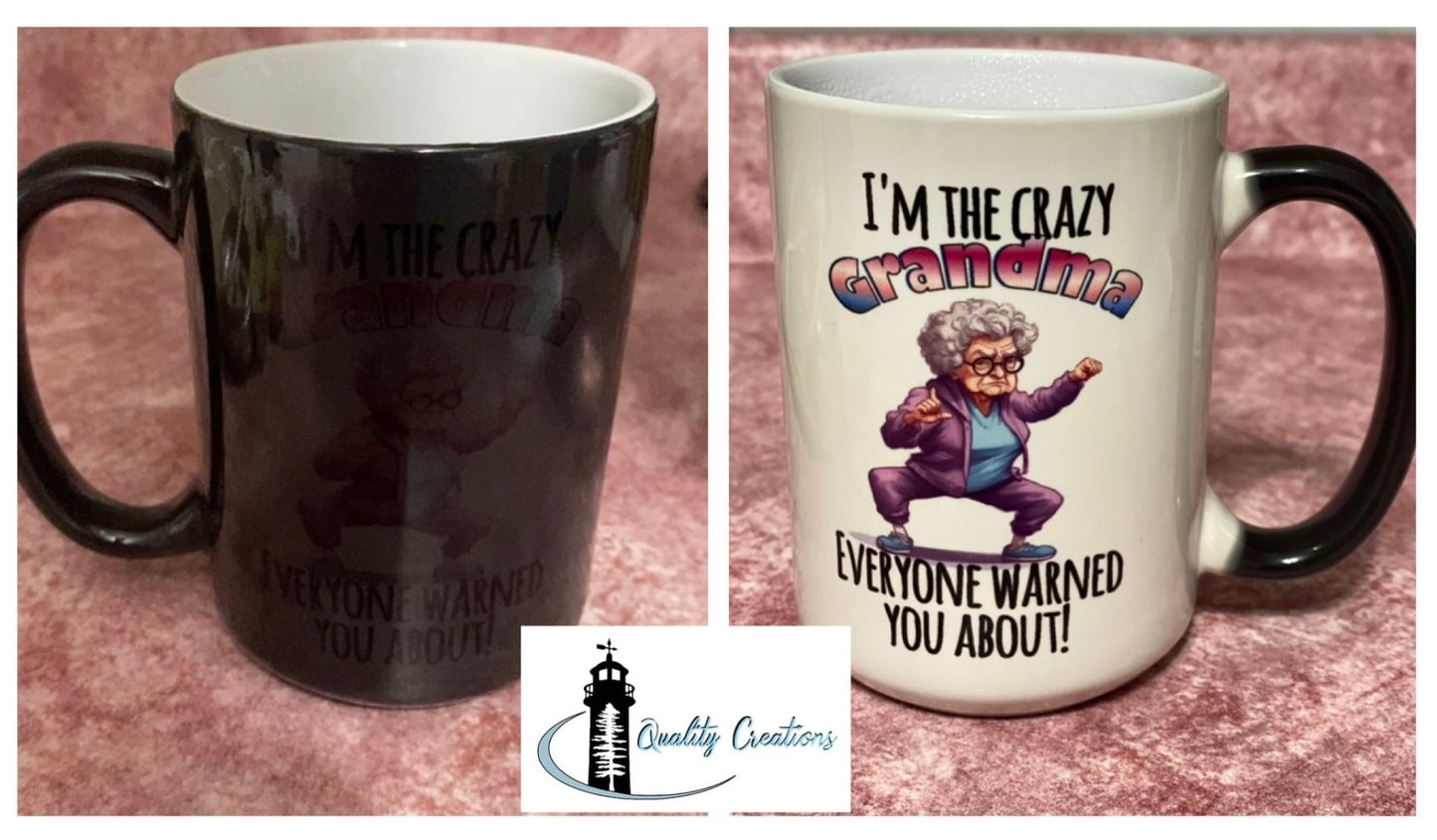 15 oz magic mug with funny crazy grandma design – colour-changing coffee or tea mug reveals image when hot, handmade in Canada