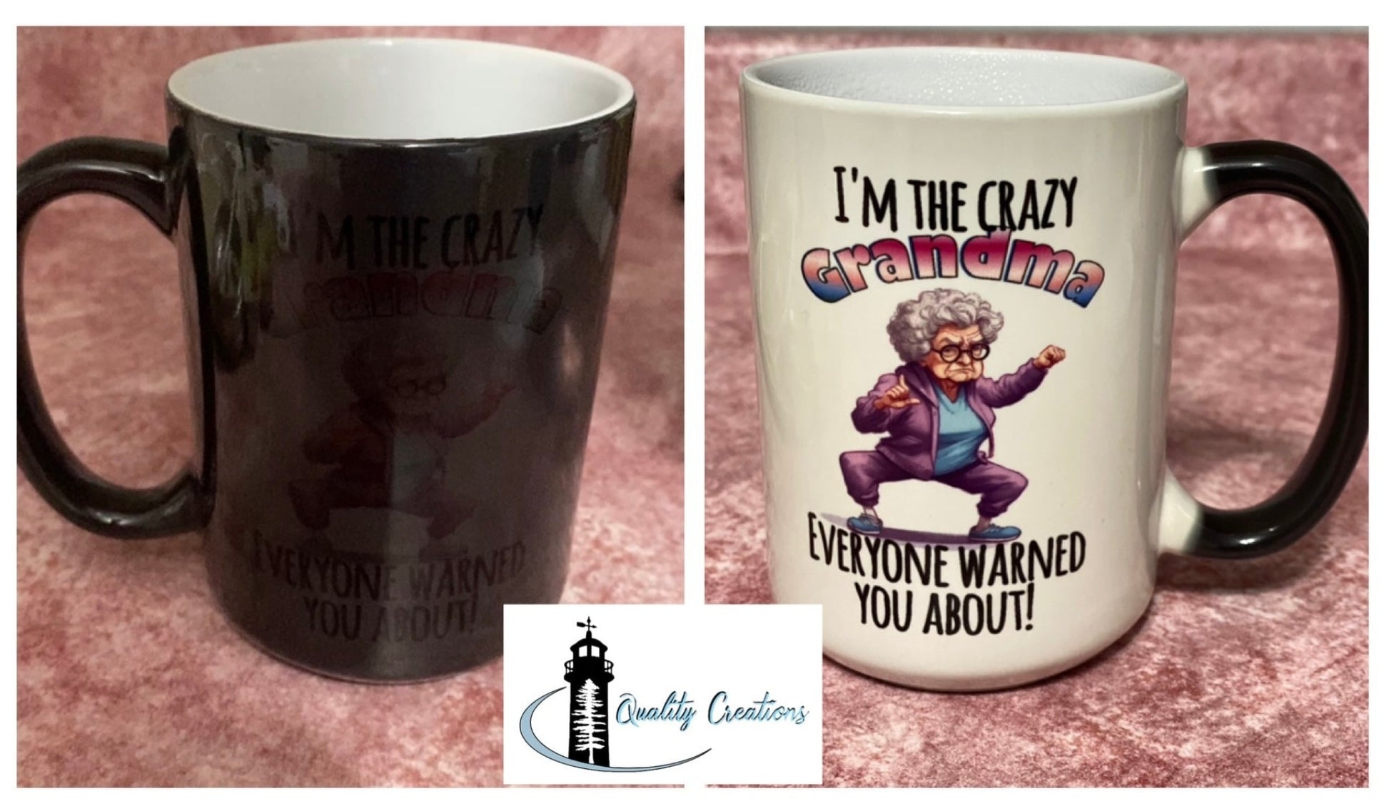 15 oz magic mug with funny crazy grandma design – colour-changing coffee or tea mug reveals image when hot, handmade in Canada