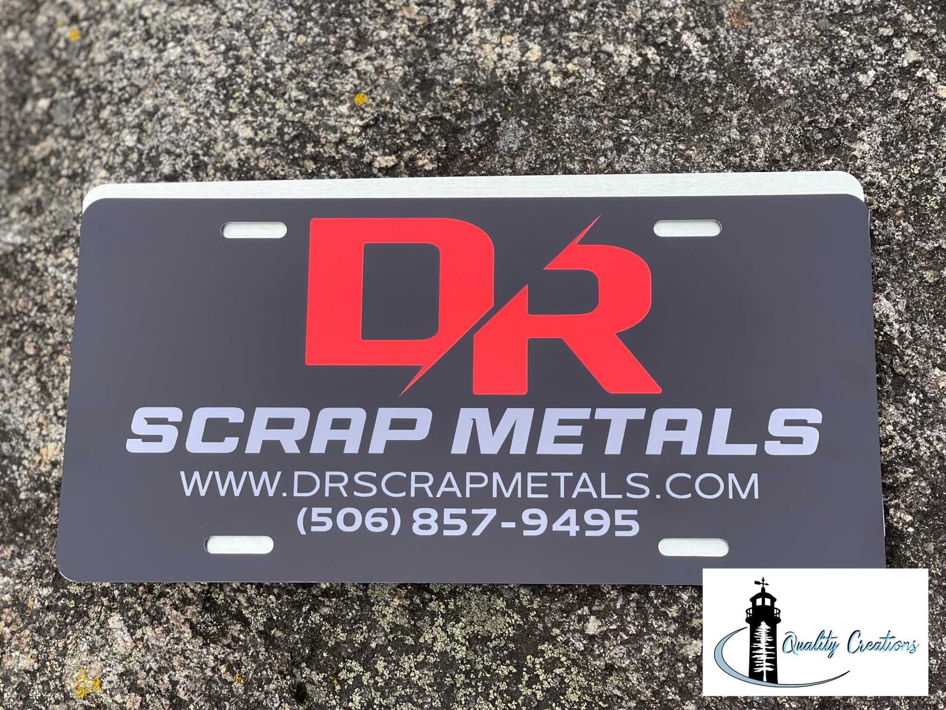 Custom DR Scrap Metals business logo license plate with company website and contact information, promotional business signage made by Quality Creations in New Brunswick