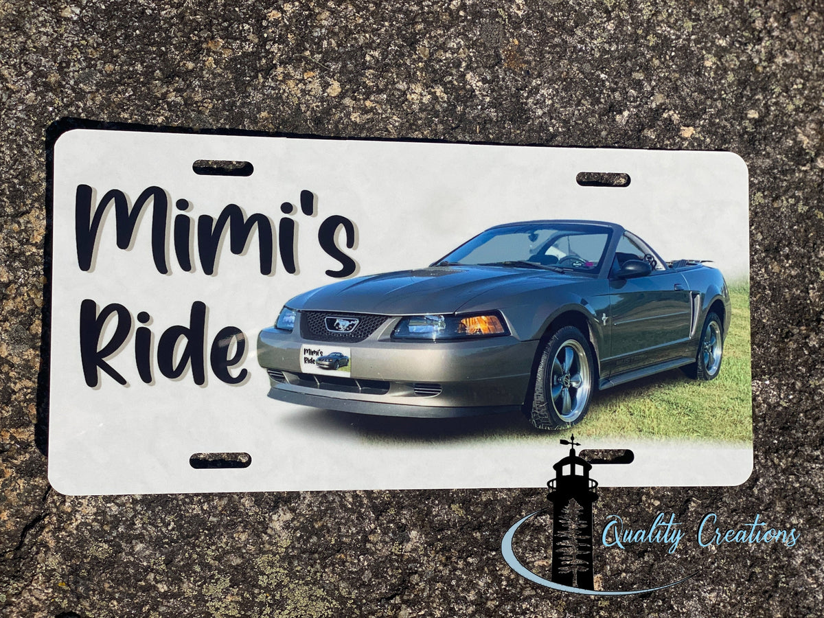 Personalized Mimi’s Ride license plate featuring a Ford Mustang convertible, custom car photo gift by Quality Creations