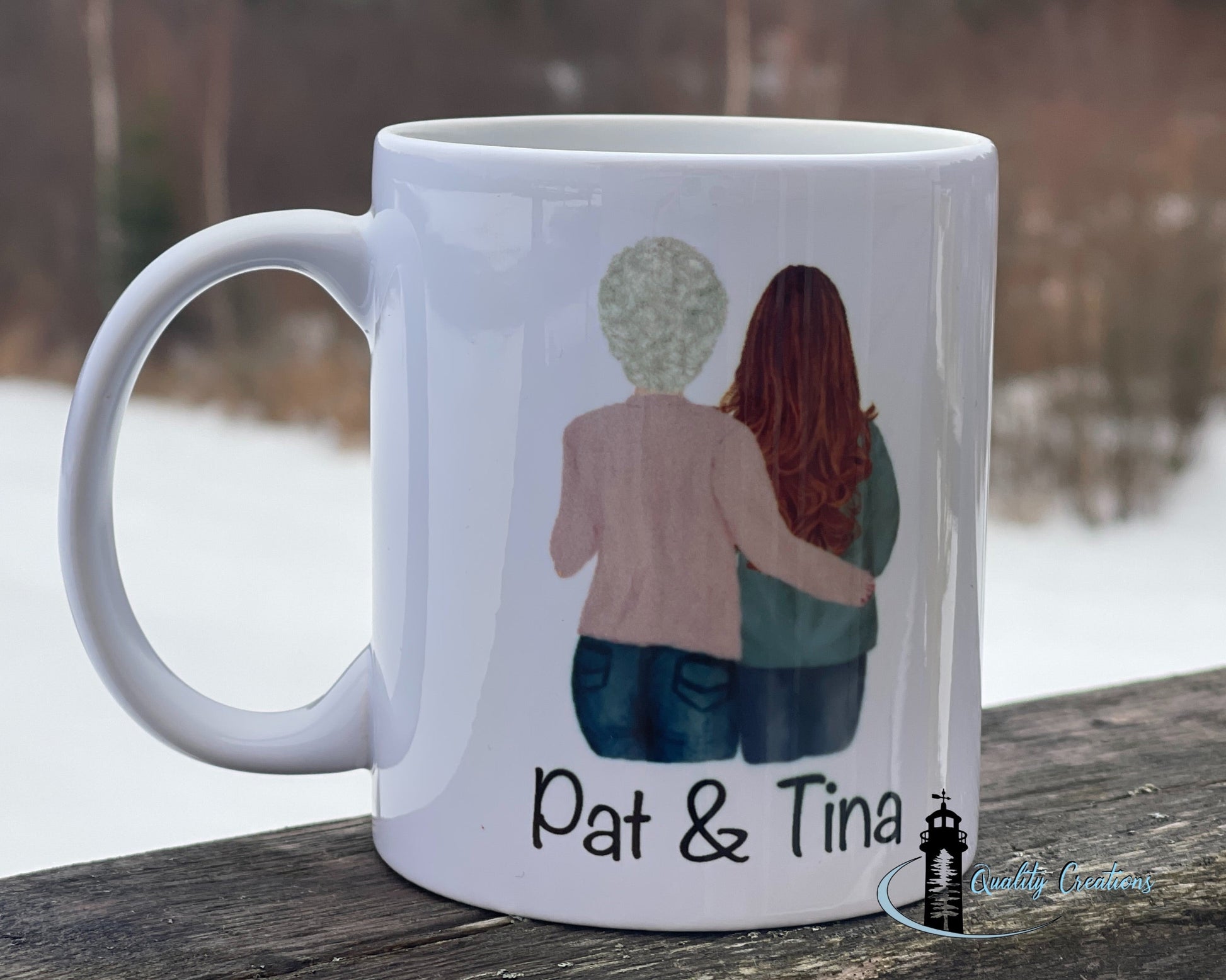 11oz White mug with two women from behind, arms around each other, personalized with the names Pat & Tina