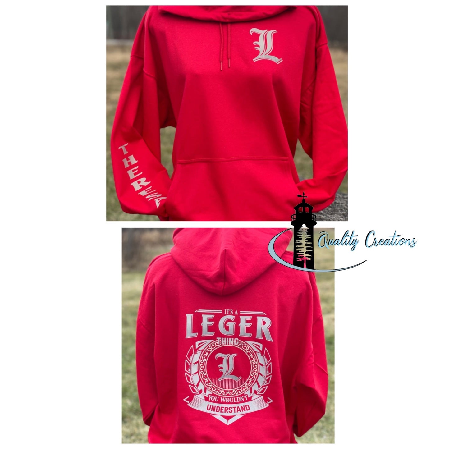 Custom red hoodie with Leger crest design on the back, front chest initial, and vertical sleeve print shown by Quality Creations247