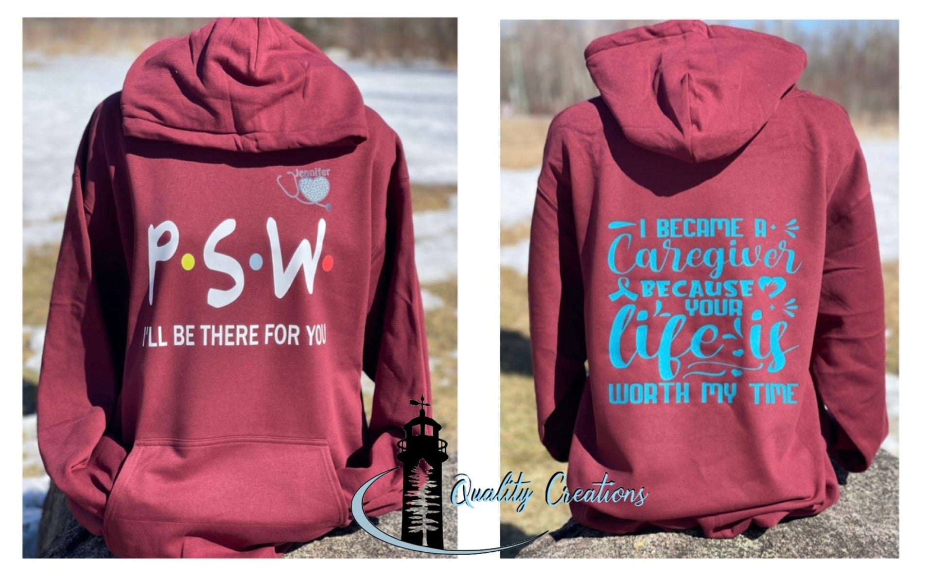 Custom full-colour hoodies from Quality Creations featuring PSW and caregiver life designs on red hoodies
