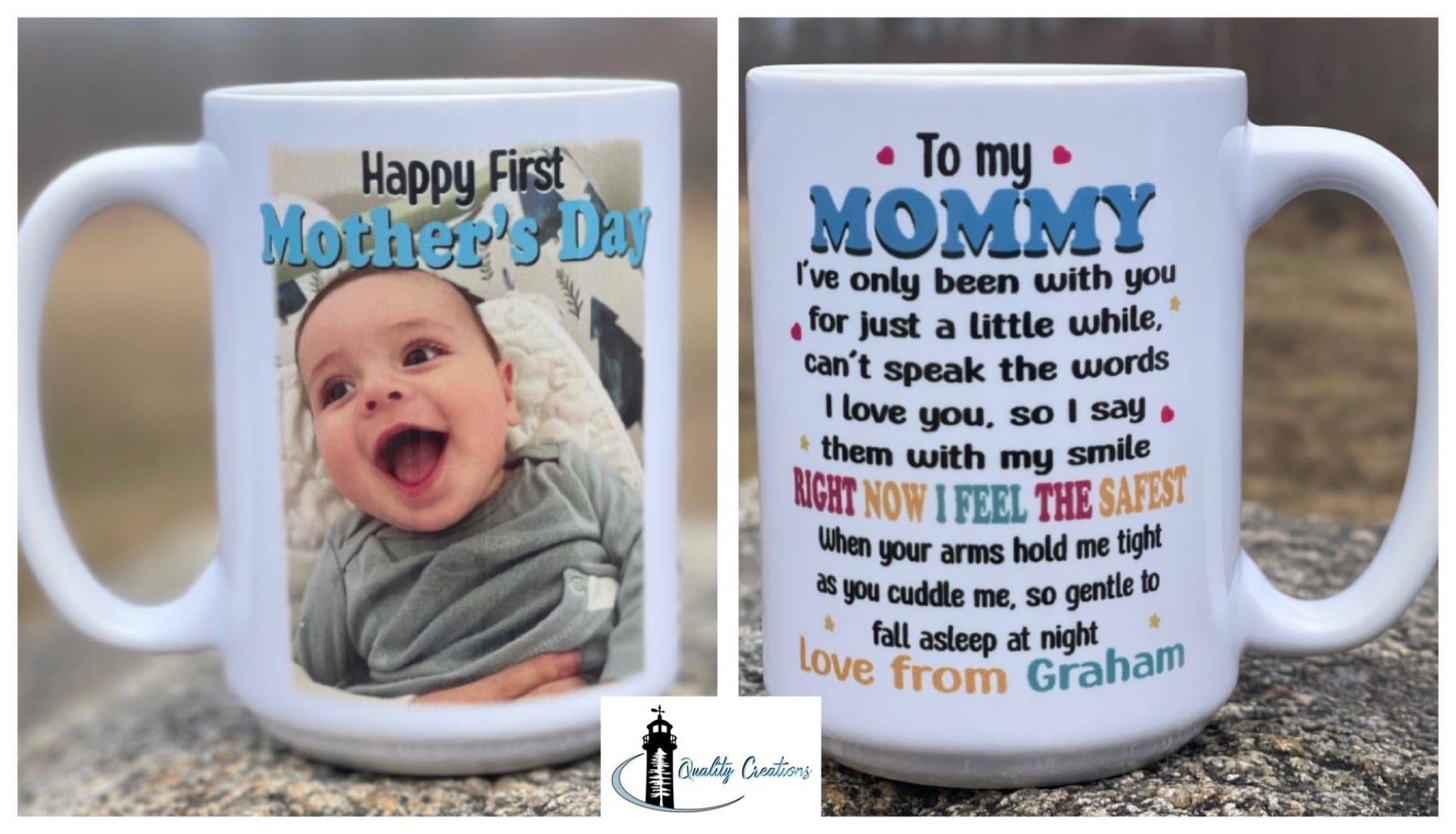 Custom white mug with baby photo on one side and personalized Mother’s Day message on the other, displayed on a rock outdoors
