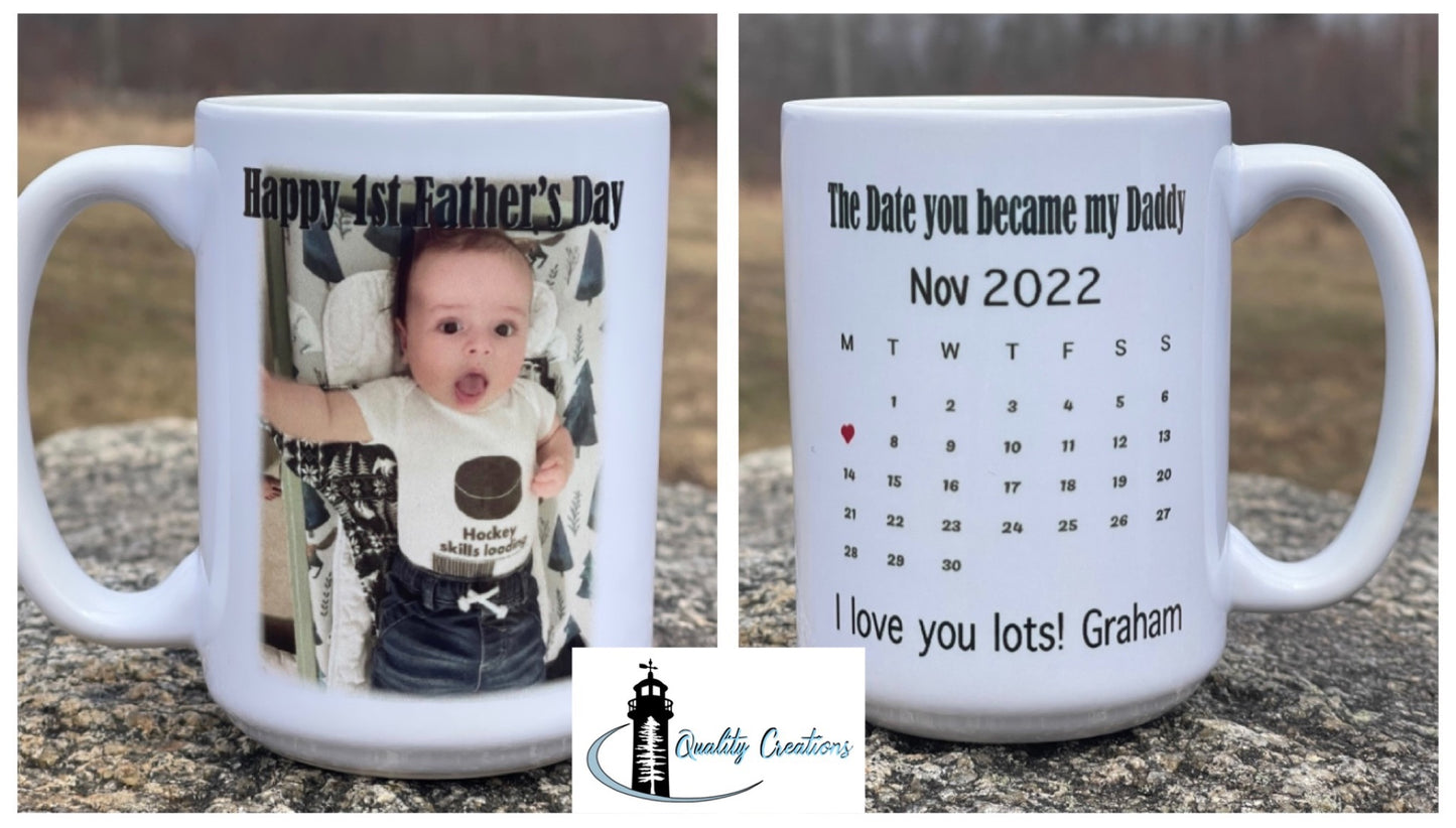 White mug with baby photo and personalized calendar design for First Mother’s Day, displayed outdoors on a rock surface