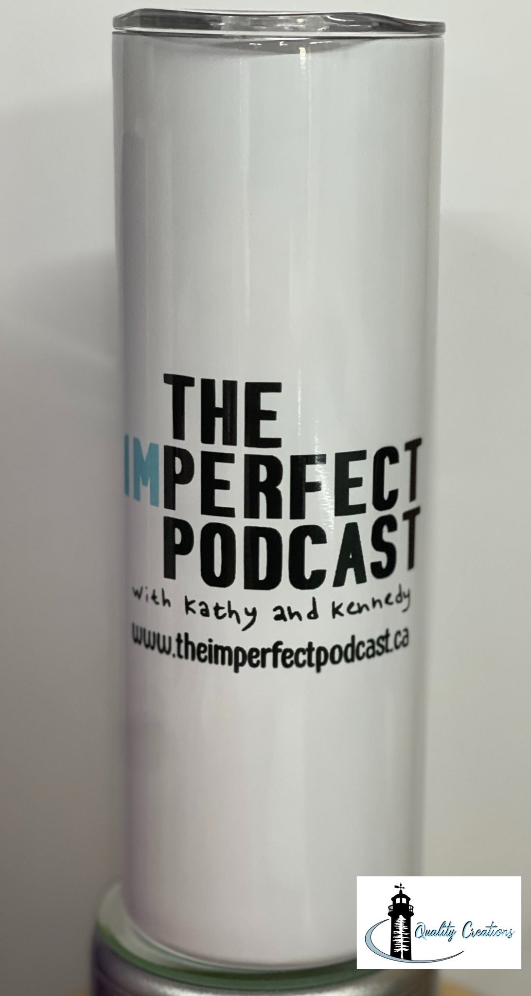 Custom The Imperfect Podcast logo tumbler created as personalized business merchandise by Quality Creations in New Brunswick
