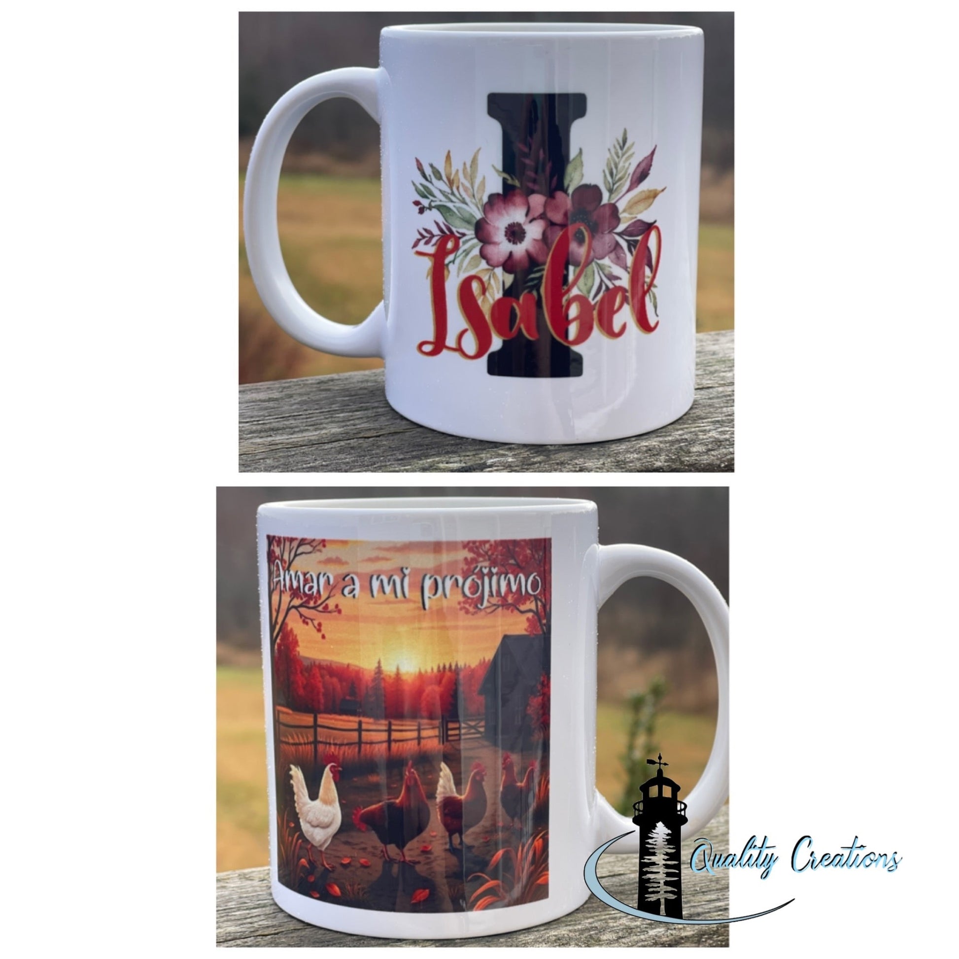 Two white mugs double sided: one with chickens at sunset and text, the other with a cowgirl chickens,, sunglasses, and floral accents, displayed on a wooden surface