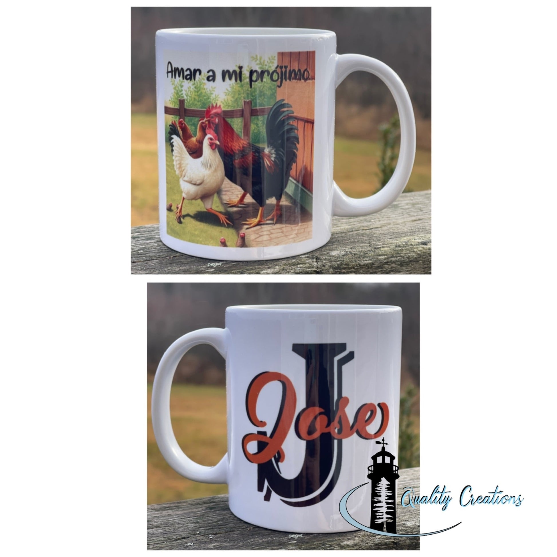 White ceramic mug with double-sided design: one side shows roosters with Spanish text, the other features the name Jose in red and black