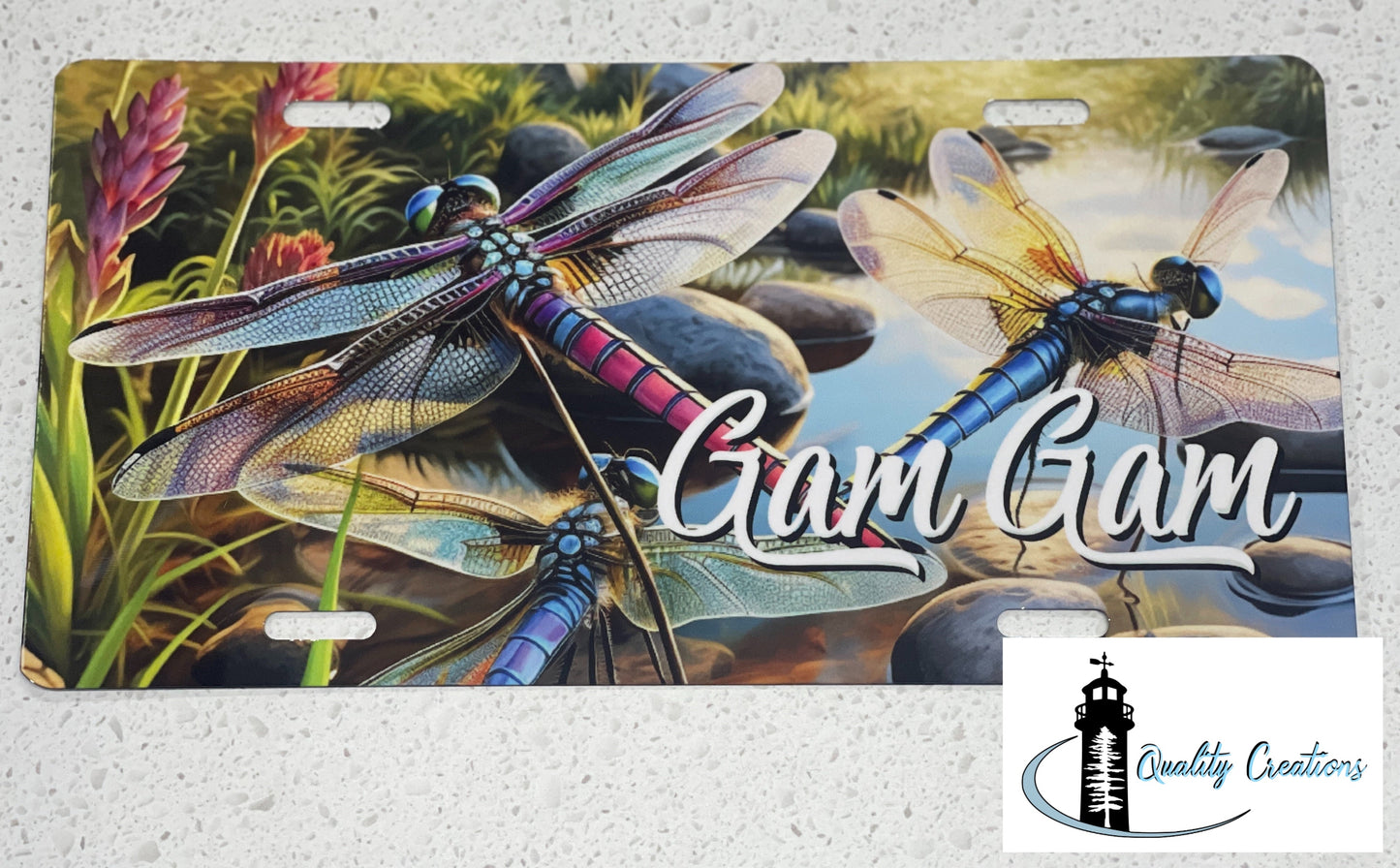 Colourful dragonfly custom license plate with Cam Cam text, personalized gift by Quality Creations in Salisbury, New Brunswick