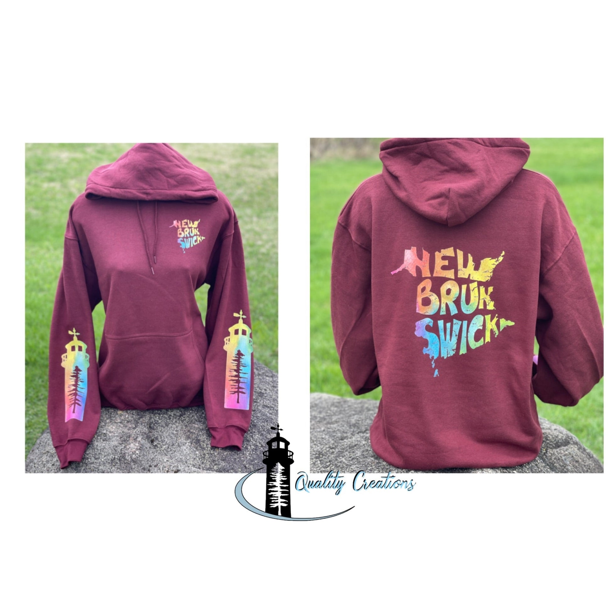 Maroon New Brunswick hoodie with colourful New Brunswick and lighthouse graphics, custom hoodie from Salisbury, serving Moncton, Fredericton, Saint John, and communities across New Brunswick.