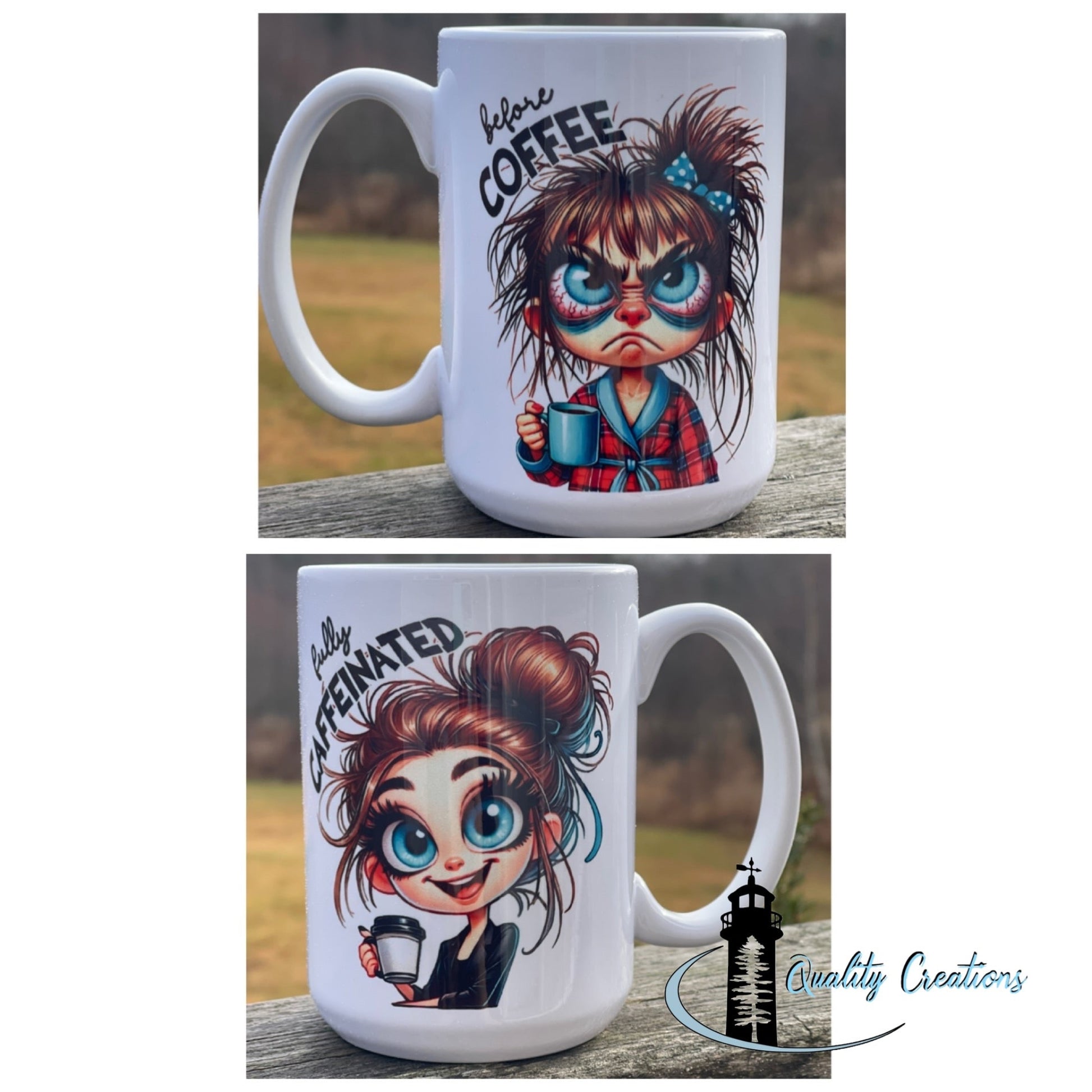 15 oz ceramic mug with funny before and after coffee design – sublimation print, handmade in Canada, great gift for caffeine lovers across Ontario and beyond