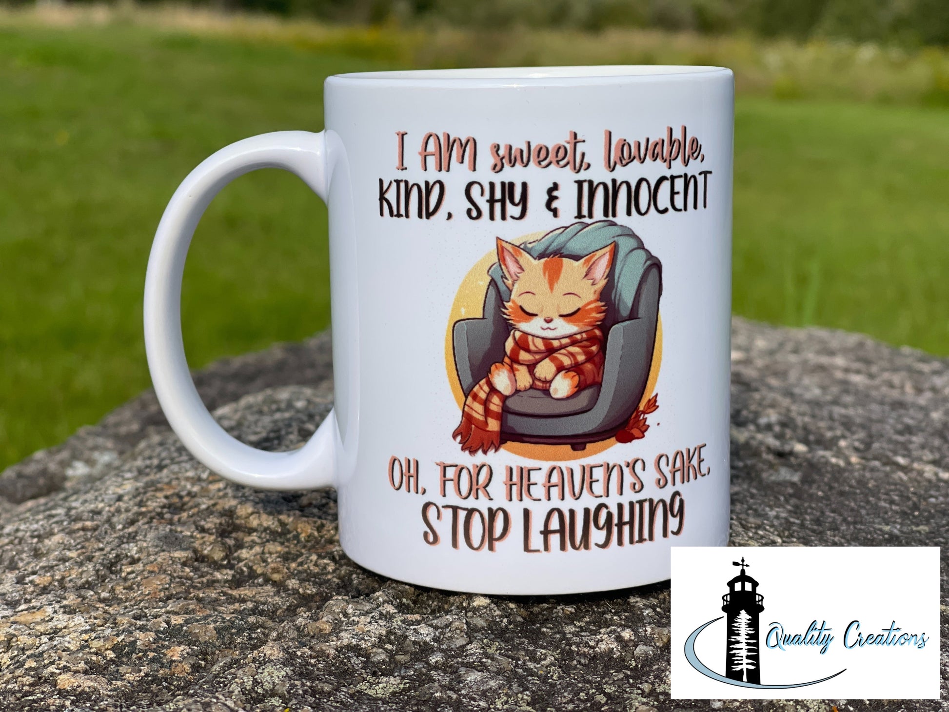 White mug with a cartoon orange cat wrapped in a scarf and the quote ‘I am sweet, lovable, kind, shy & innocent… oh, for heaven’s sake, stop laughing,’ photographed outdoors on a rock
