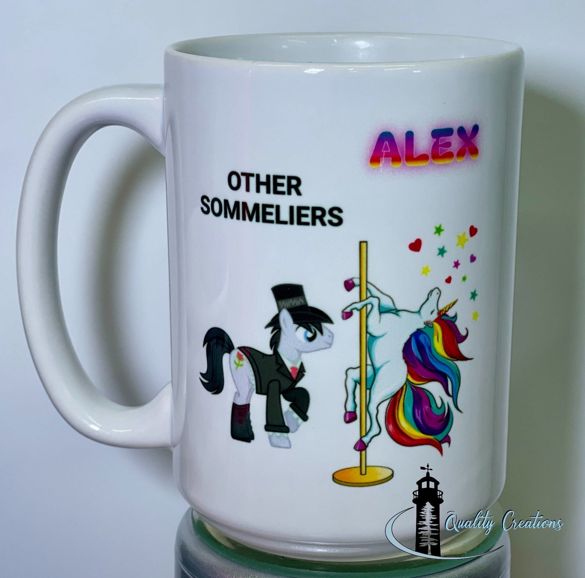 White mug with ‘Other Sommeliers’ text, a black pony in a suit, and a rainbow-maned unicorn pole dancing, personalized with the name Alex