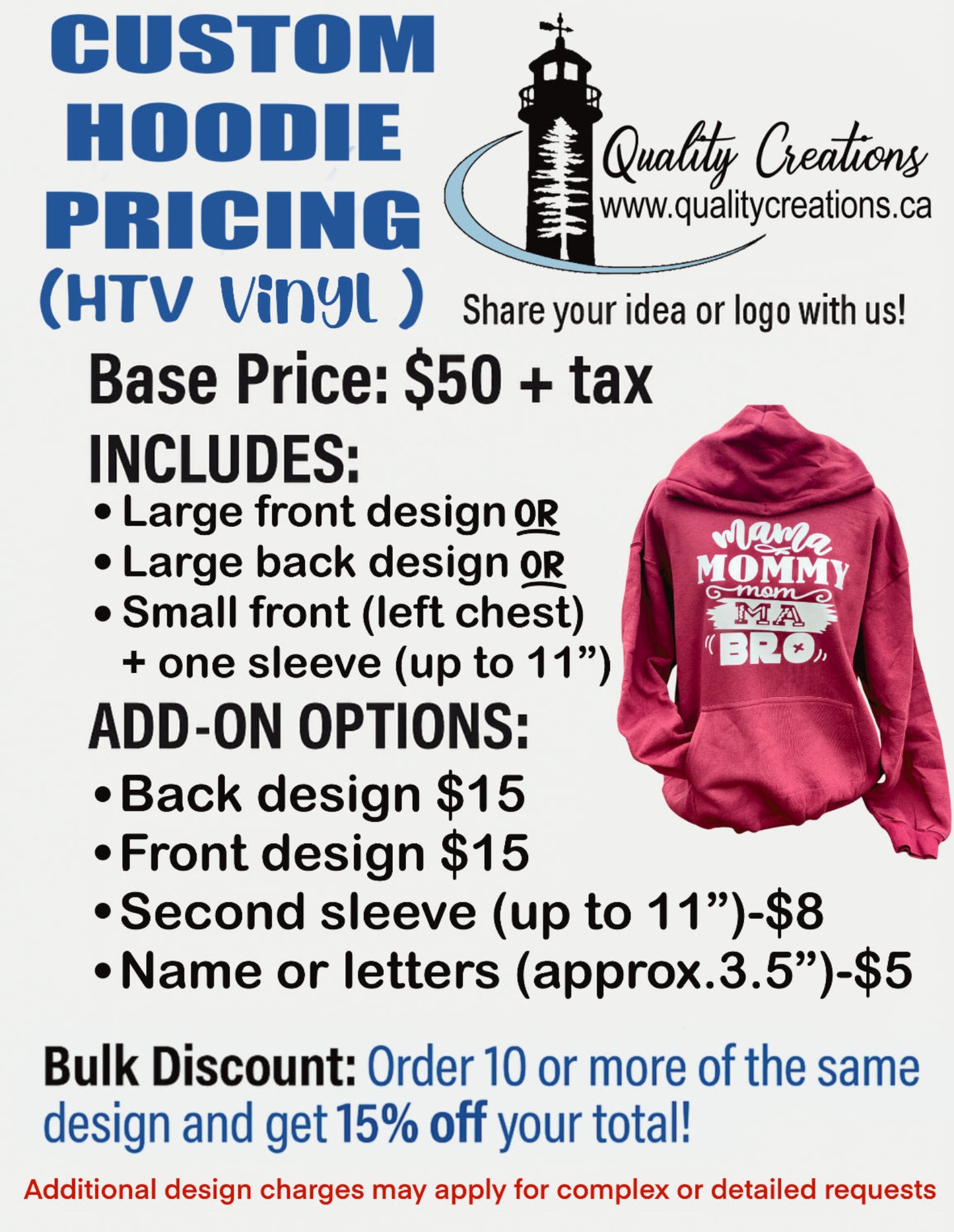 Custom HTV vinyl hoodie pricing chart with breakdown of included design and add-on costs from Quality Creations