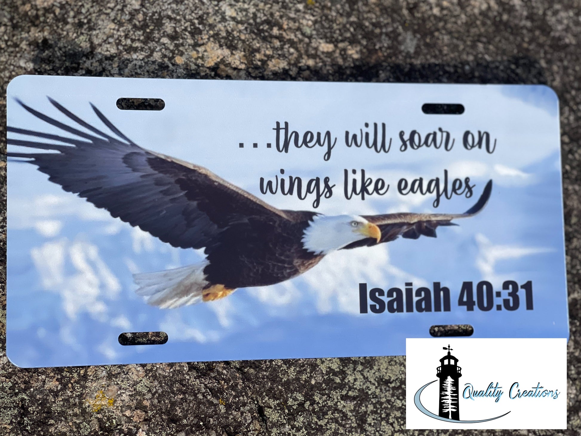 Christian decorative license plate featuring an eagle and Isaiah 40:31, They will soar on wings like eagles, by Quality Creations in New Brunswick
