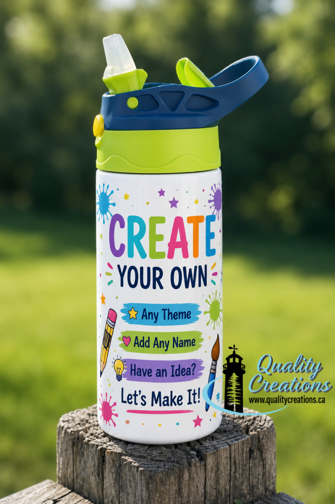 Personalized kids’ insulated tumbler with a Create Your Own design option, allowing custom themes and names. Made by Quality Creations in Salisbury, New Brunswick, Canada.