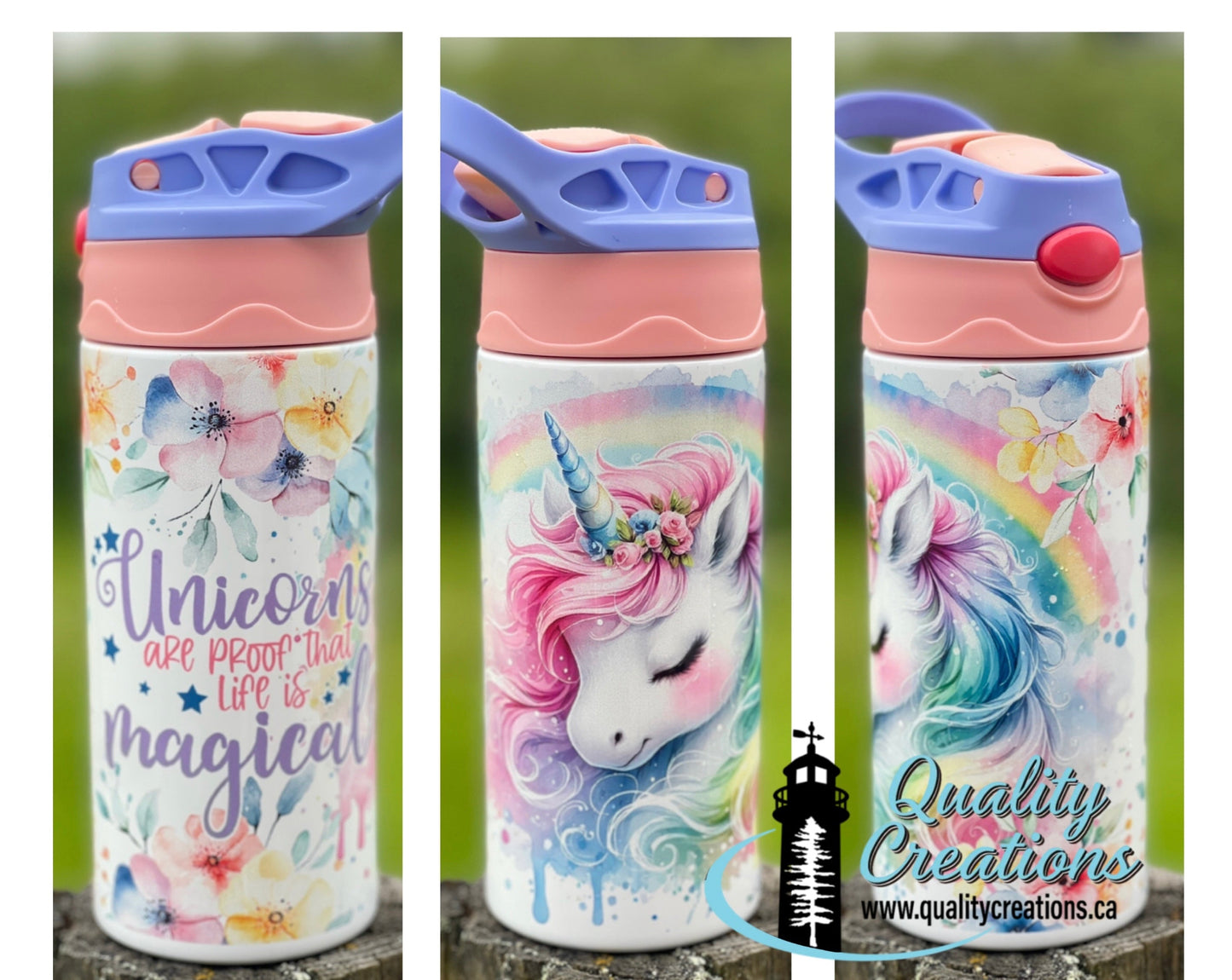 Personalized kids’ unicorn insulated tumbler with straw and handle. Custom stainless steel water bottle for school, daycare, birthdays and everyday adventures by Quality Creations Canada.