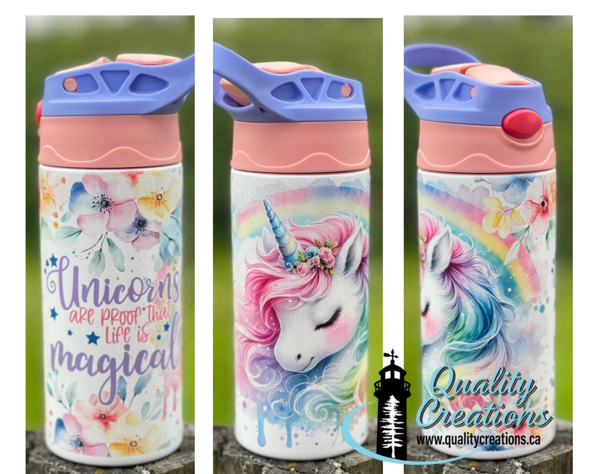 Personalized kids’ unicorn insulated tumbler with straw and handle. Custom stainless steel water bottle for school, daycare, birthdays and everyday adventures by Quality Creations Canada.