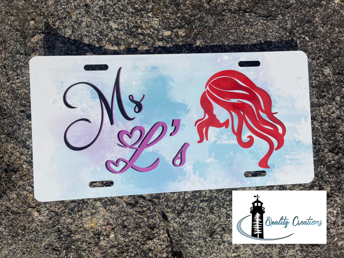 Personalized decorative front license plate with custom M and L initials and colourful woman silhouette, custom gift by Quality Creations