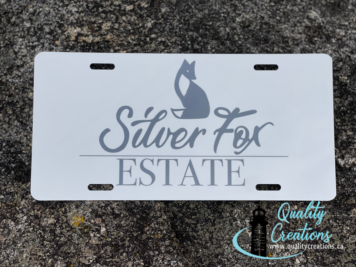Personalized Silver Fox Estate decorative license plate with fox design, custom property sign created by Quality Creations in New Brunswick