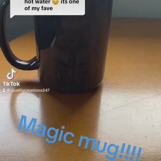 Video showing 15 oz magic mug changing colour as hot water is poured in – heat-activated reveal of hidden design, handmade in Canada