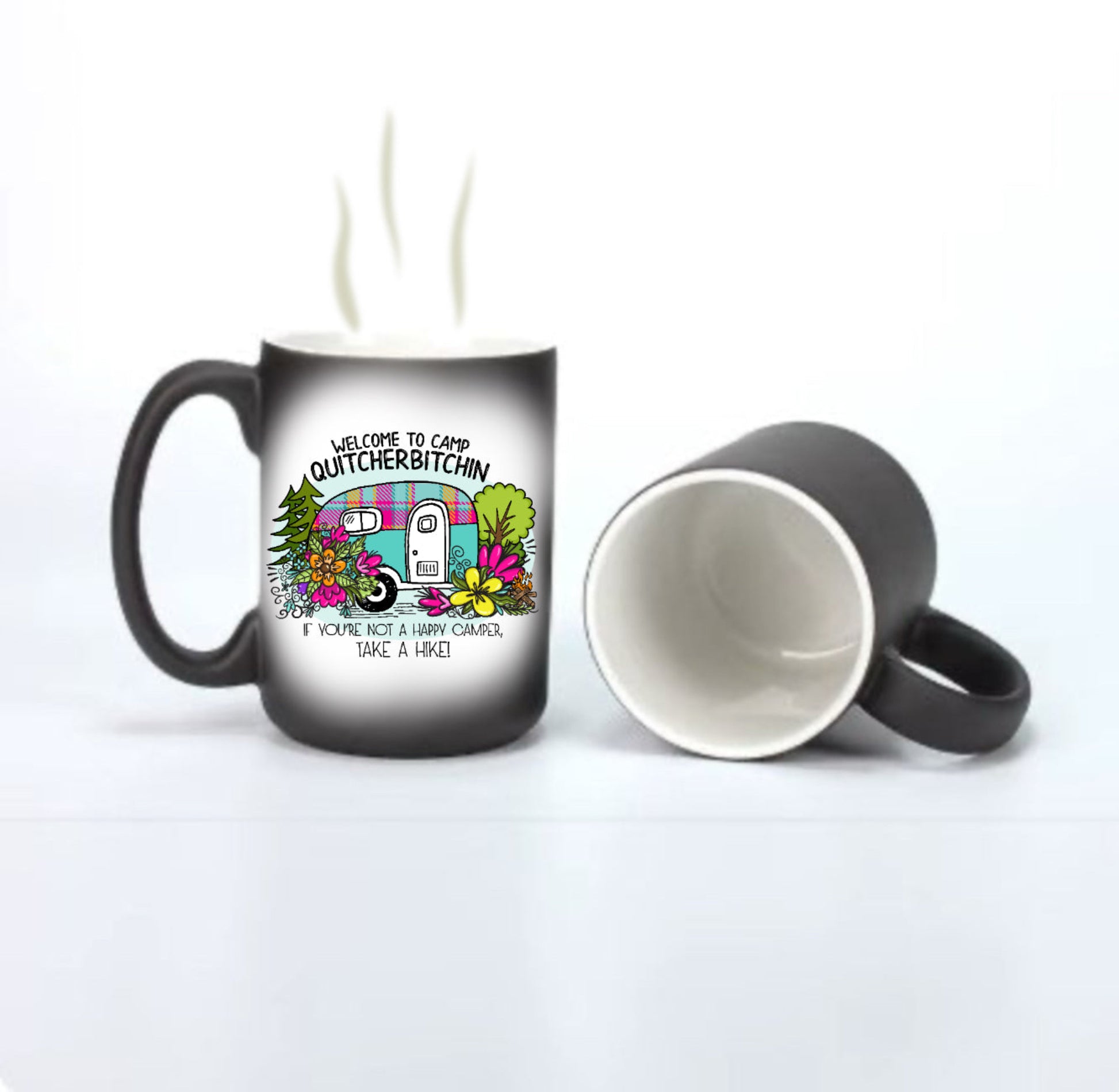 15 oz magic mug showing colour-changing effect with Quitcherbitchin camper design – before and after comparison