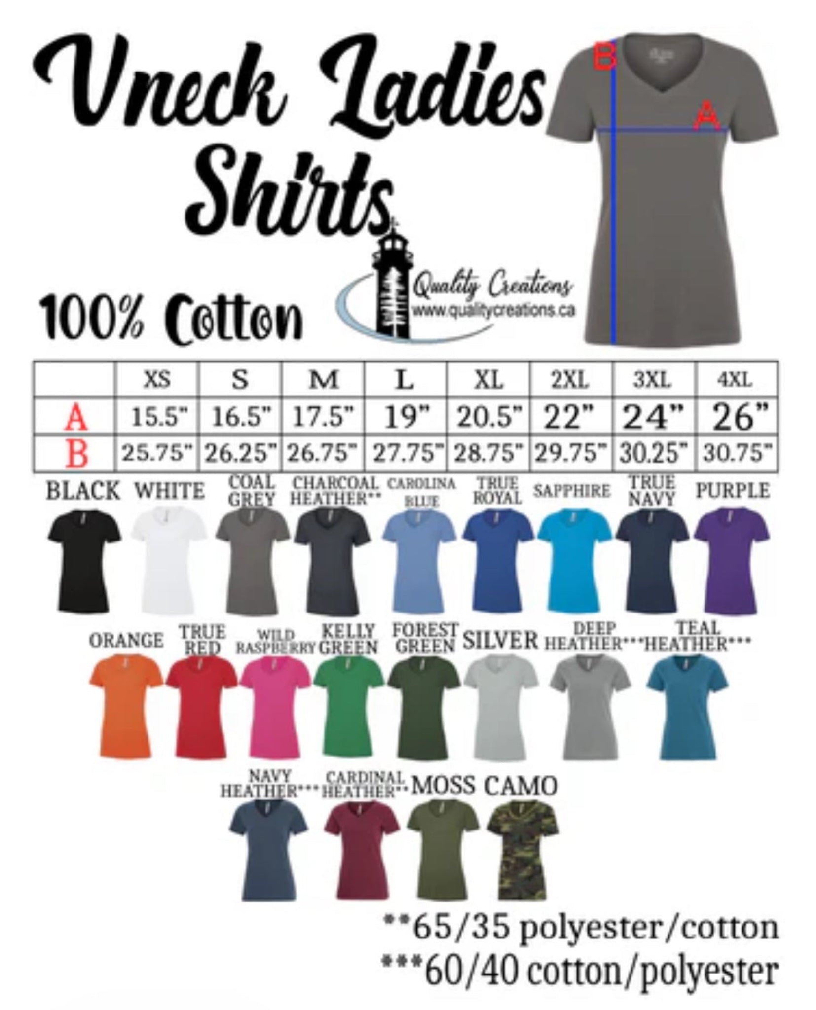 V-neck ladies shirt size chart with measurements, colour options, and fabric blend details from Quality Creations