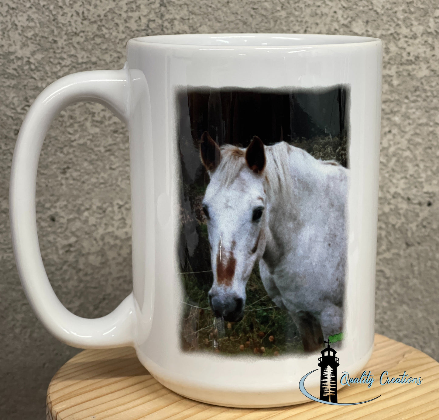 15oz White mug with a printed photo of a white horse on a natural outdoor background