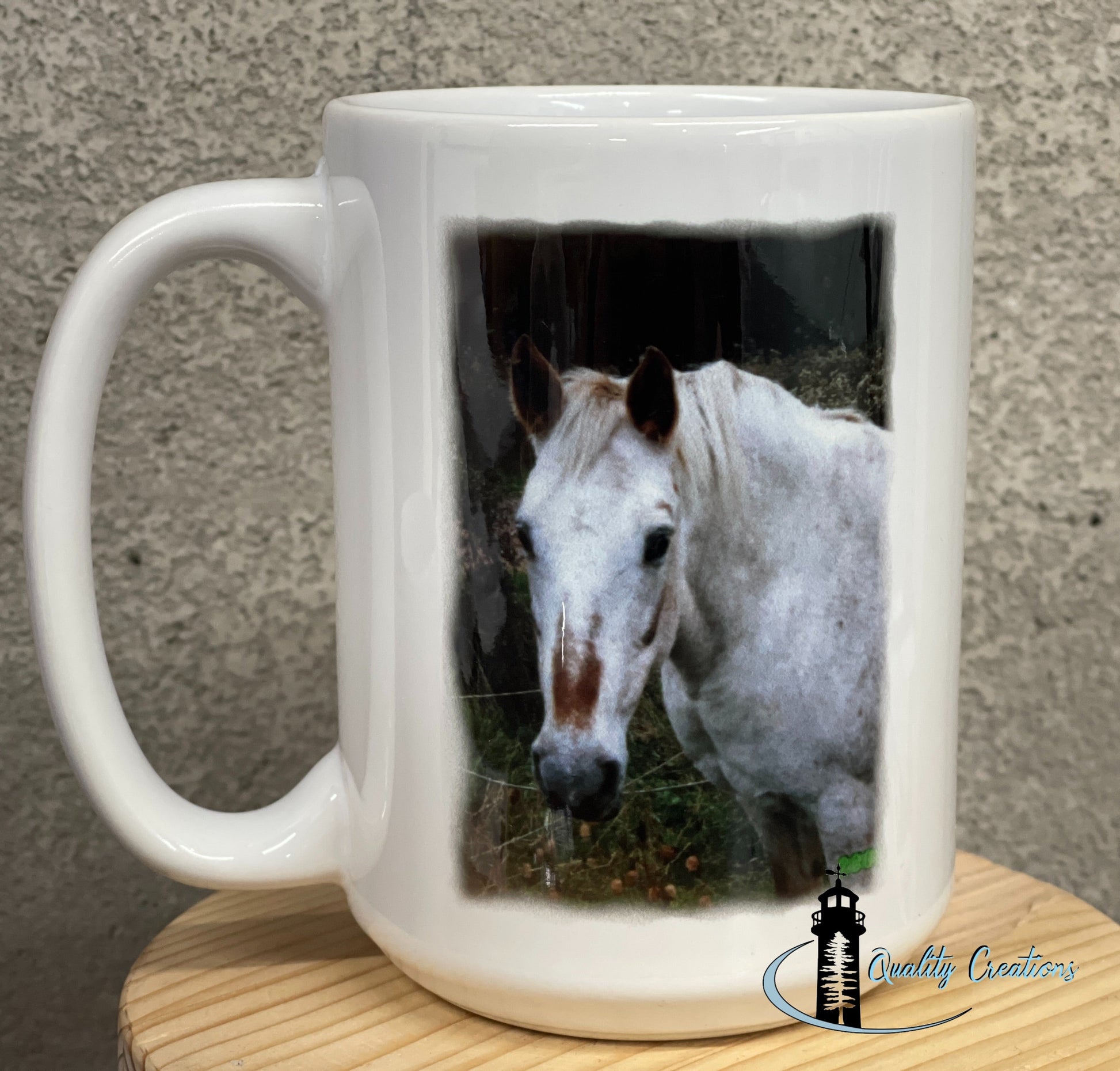 15oz White mug with a printed photo of a white horse on a natural outdoor background