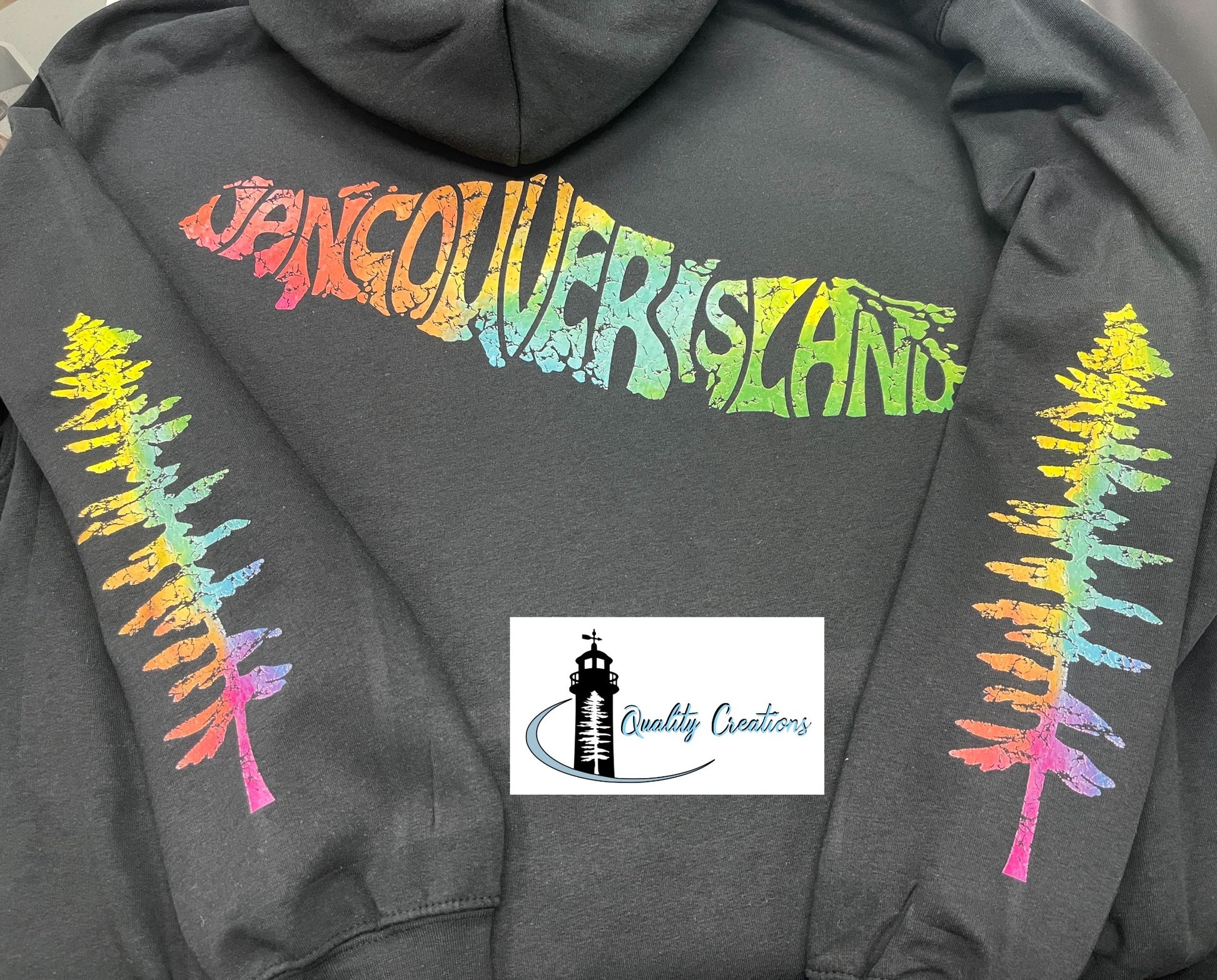 Vancouver island design with Sitka tree on arms, black hoodie, rainbow design font, Campbell river, Courtney, Canada, qualitycreations247, Ontario, newbrunswick, nb, Salisbury, Moncton 