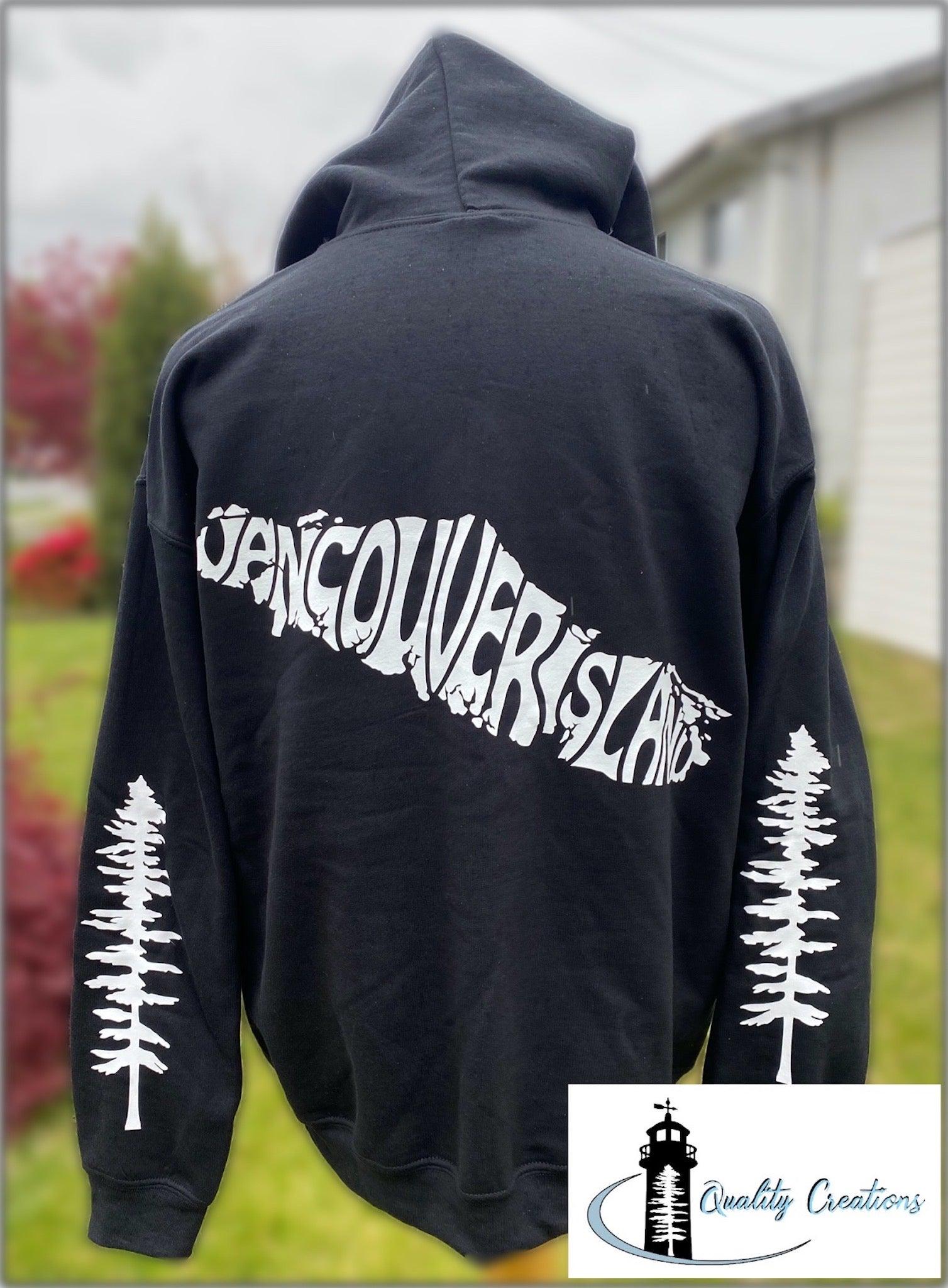 black hoodie white font sitka trees Vancouver Island design black font quality creations Newbrunswick canada