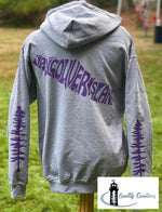 Load image into Gallery viewer, athletic heather hoodie purple font sitka trees Newbrunswick quality creations canada
