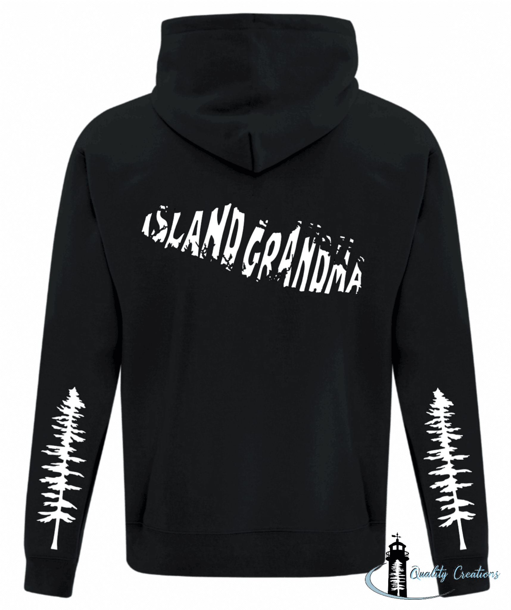 black hoodie white font Vancouver Island design on hoodie with sitka trees up arms quality creations Newbrunswick canada