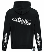 Load image into Gallery viewer, black hoodie white font Vancouver Island design on hoodie with sitka trees up arms quality creations Newbrunswick canada

