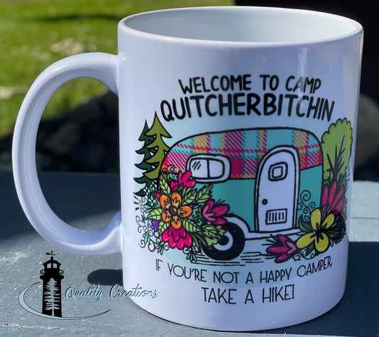 Funny camping mug – Quitcherbitchin design with camper trailer and flowers – personalized in New Brunswick, Canada